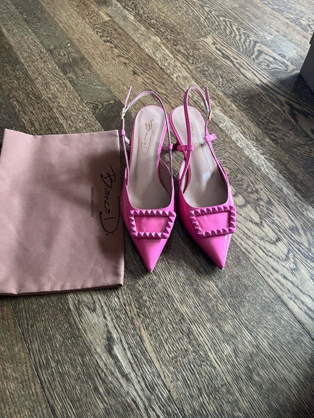 Bright Pink Pointed Slingback Pumps with Studded Buckle